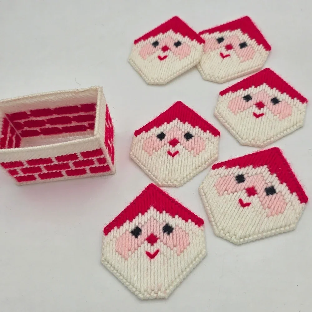 Vintage Handmade Plastic Canvas Santa Coasters Set of 6 with Chimney Holder Red
